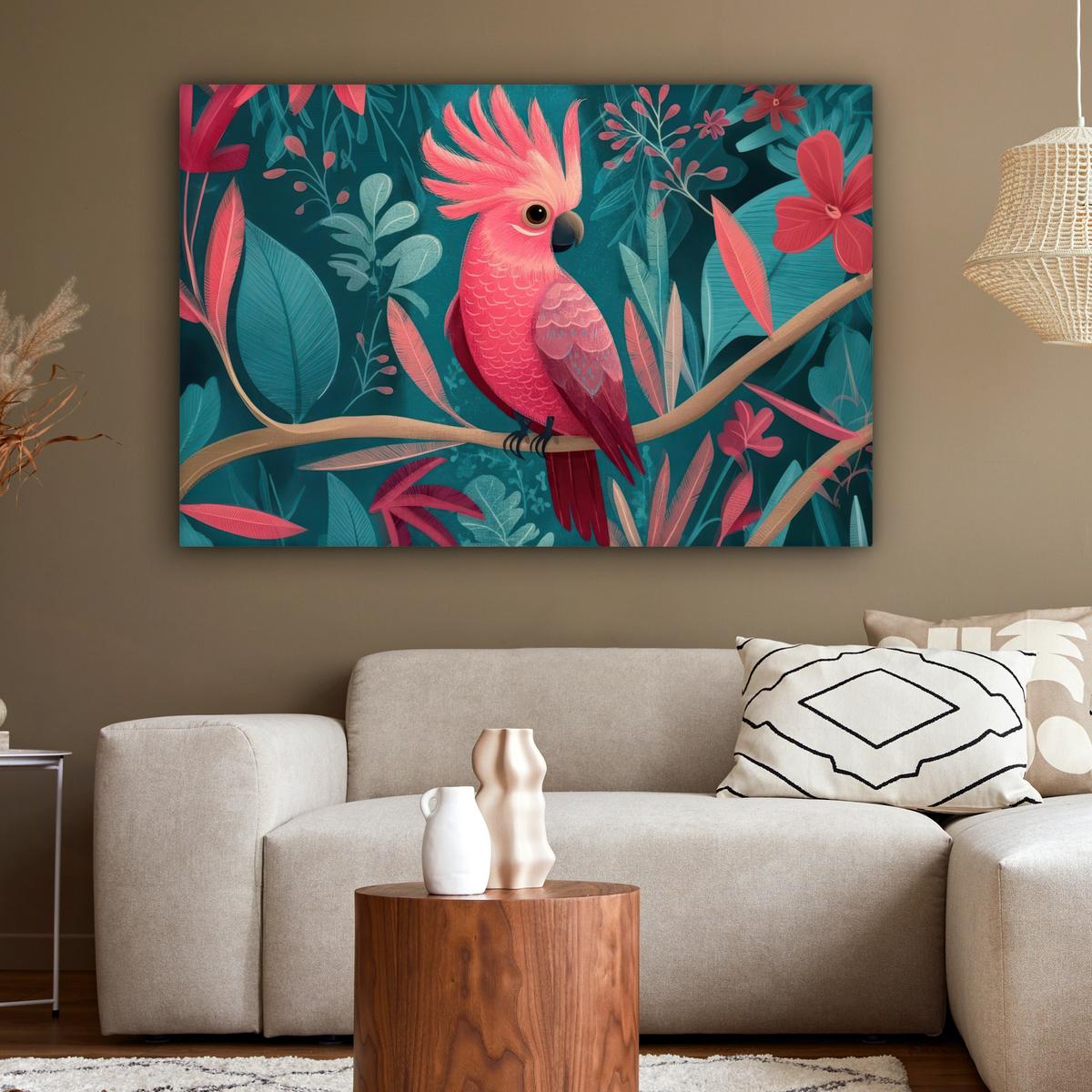 LEINWANDBILD Kakadu - Tropische Blätter - Zweig Wohnzimmer Groß 120x80 cm - Petrol, Textil (120/80cm) - MuchoWow