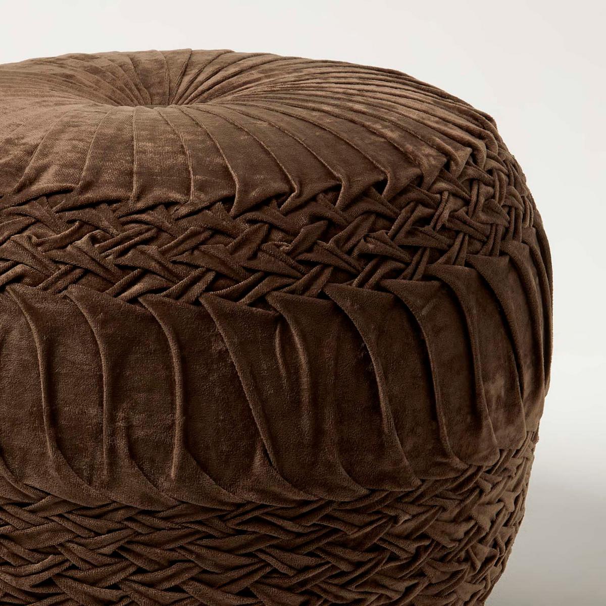 SAMT-POUF Sofia braun, plissiert in Flechtoptik, 50/50/35 cm - Braun, Textil (50/35/50cm) - Homescapes