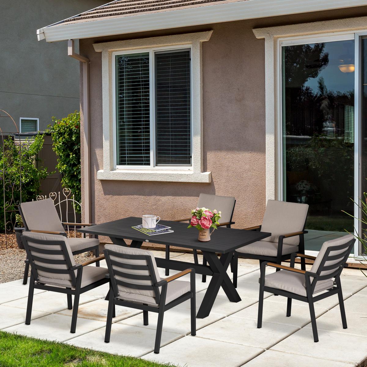 GARTENMÖBEL-SET Sitzgruppe 1 Tisch+6 Stühle mit Auflagen Wetterfest Alu Schwarz+Grau - Grau, Metall - Outsunny