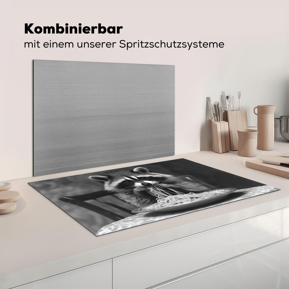 HERDABDECKPLATTE Waschbär - Niedlich - Pasta - Tischtuch - Schwarz - Weiß Ceranfeldabdeckung 85x52 cm - Grau, Kunststoff (85/52/0.2cm) - MuchoWow