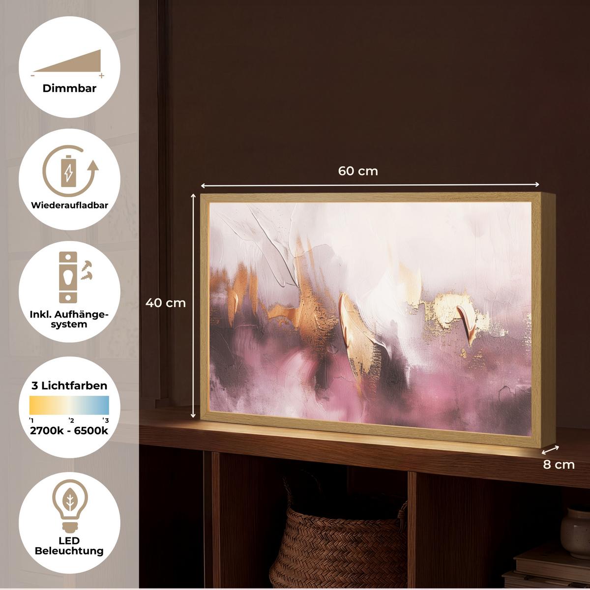 WANDLEUCHTE MIT AKKU Lila - Abstrakt - Farbe - Gold 60x40 cm - Mauve, Holzwerkstoff (60/40/8cm) - OnlyWow