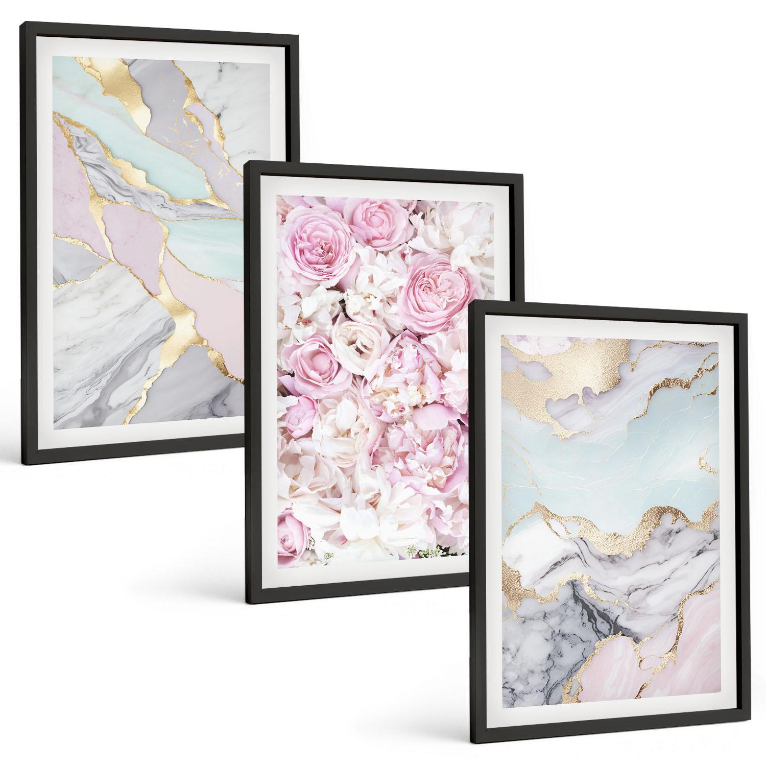 BILDER SET 3er Set - 40x60 cm Schwarzer Rahmen - Rosa Blumen Marmor Pastell - Schwarz, Kunststoff (40/60cm) - TULUP