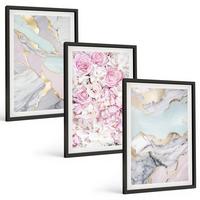 BILDER SET 3er Set - 40x60 cm Schwarzer Rahmen - Rosa Blumen Marmor Pastell - Schwarz, Kunststoff (40/60cm) - TULUP