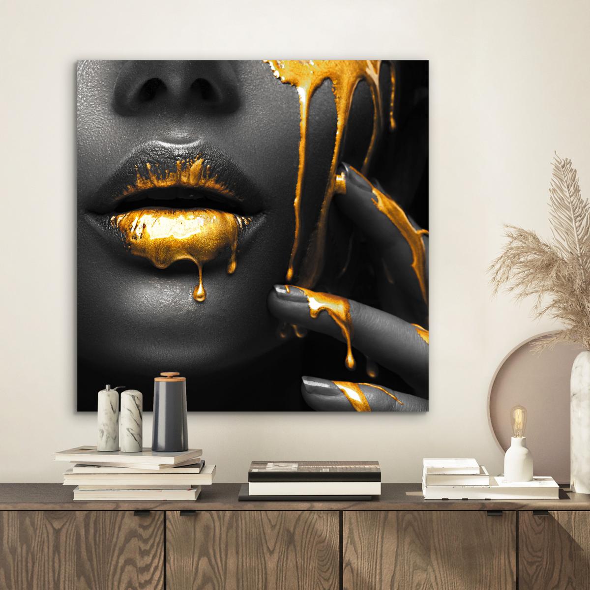 METALLBILD Frau - Schwarz - Gold - Gesicht - Lippen 50x50 cm - Goldfarben, Metall (50/50cm) - MuchoWow