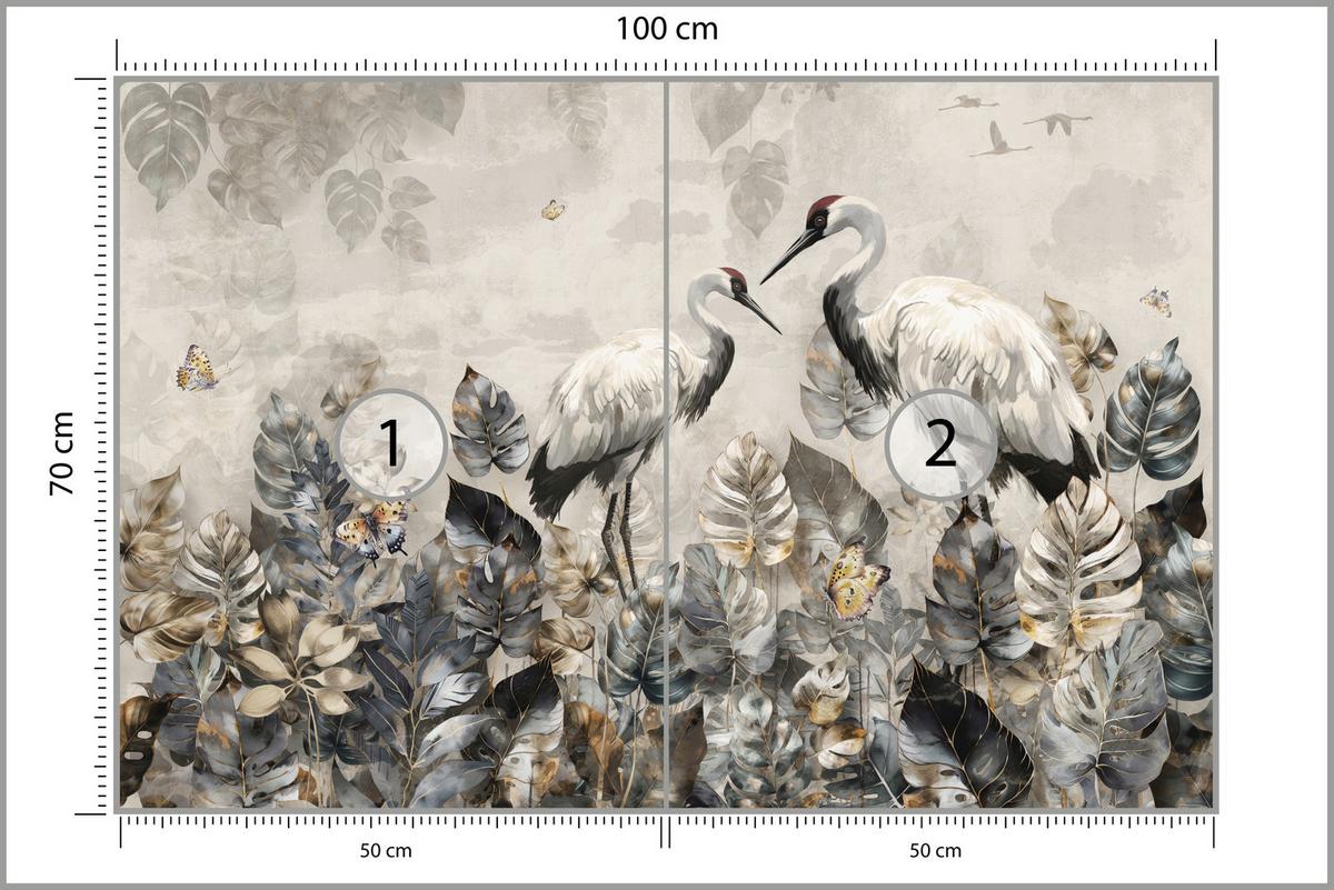 FOTOTAPETE für Wohnzimmer Kraniche Abstrakten Blättern Retro Natur 100x70 - Grau, Papier (100/70cm) - Muralo