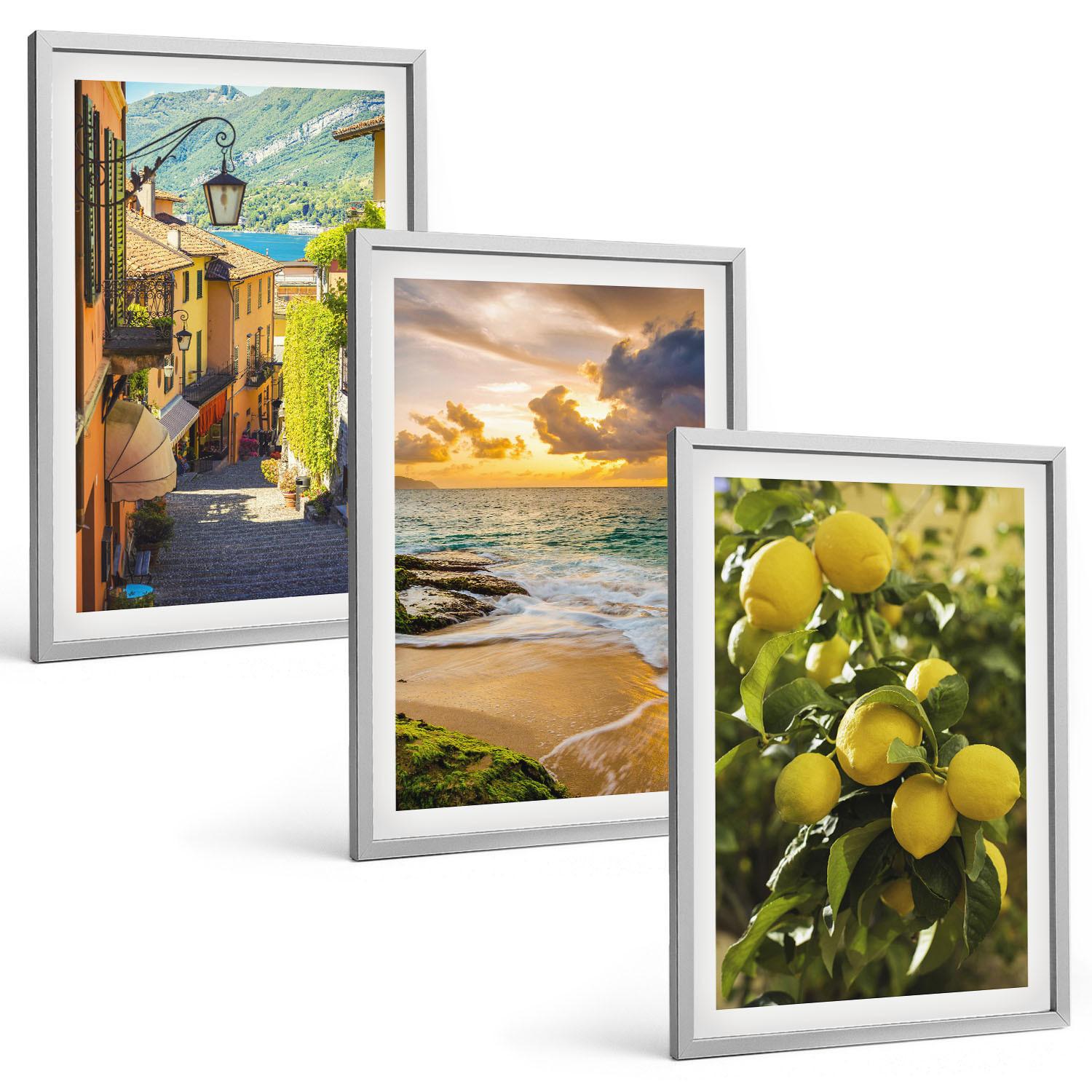 BILDER SET 3er Set - 40x60 cm Silberner Rahmen - Straßen, Meer, Strand, Zitrusbäume - Silberfarben, Kunststoff (40/60cm) - TULUP