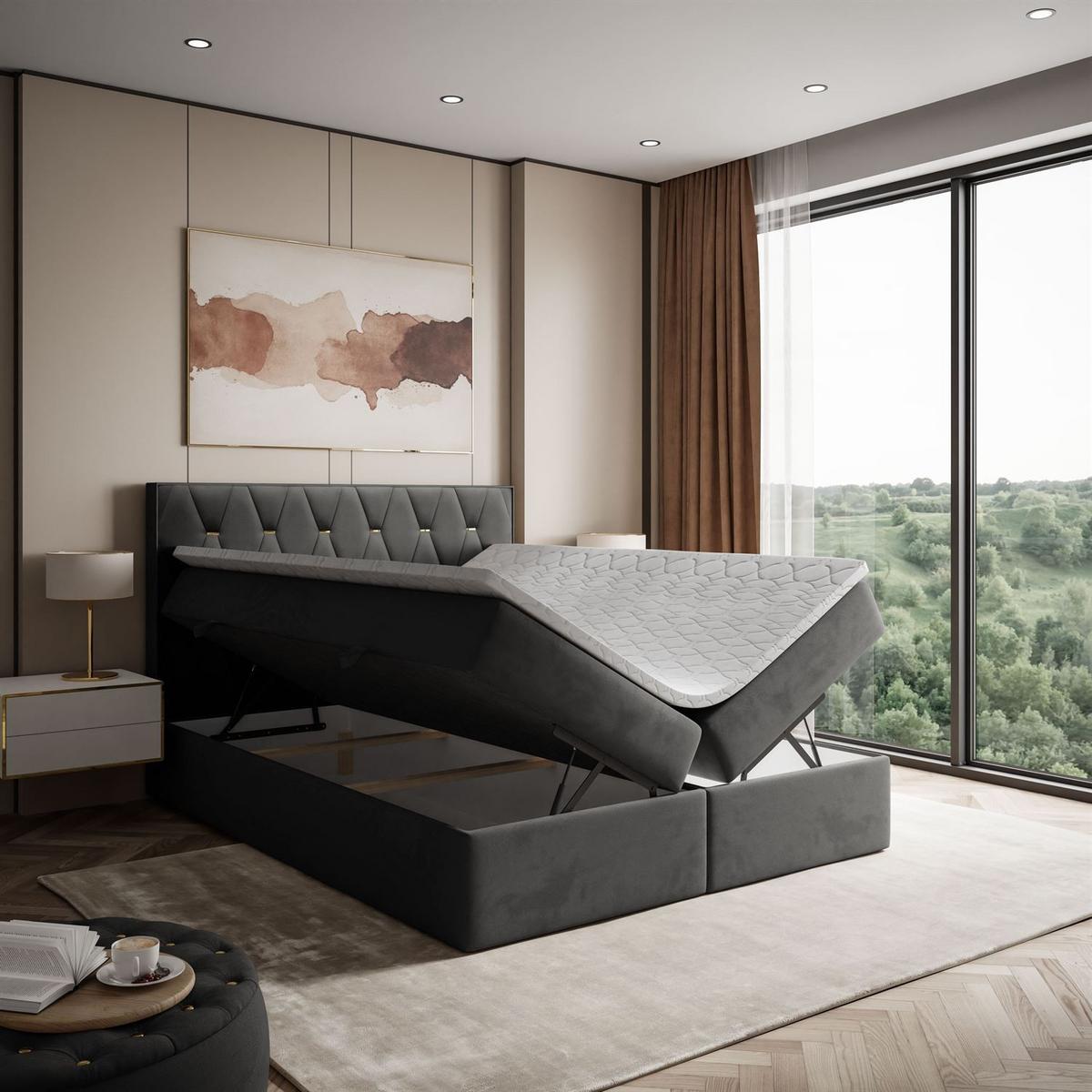 BOXSPRINGBETT IZOLDA mit Bettkasten und Topper 140x200 cm Royal Velvet 185 - Graphitfarben, Textil - Lookway