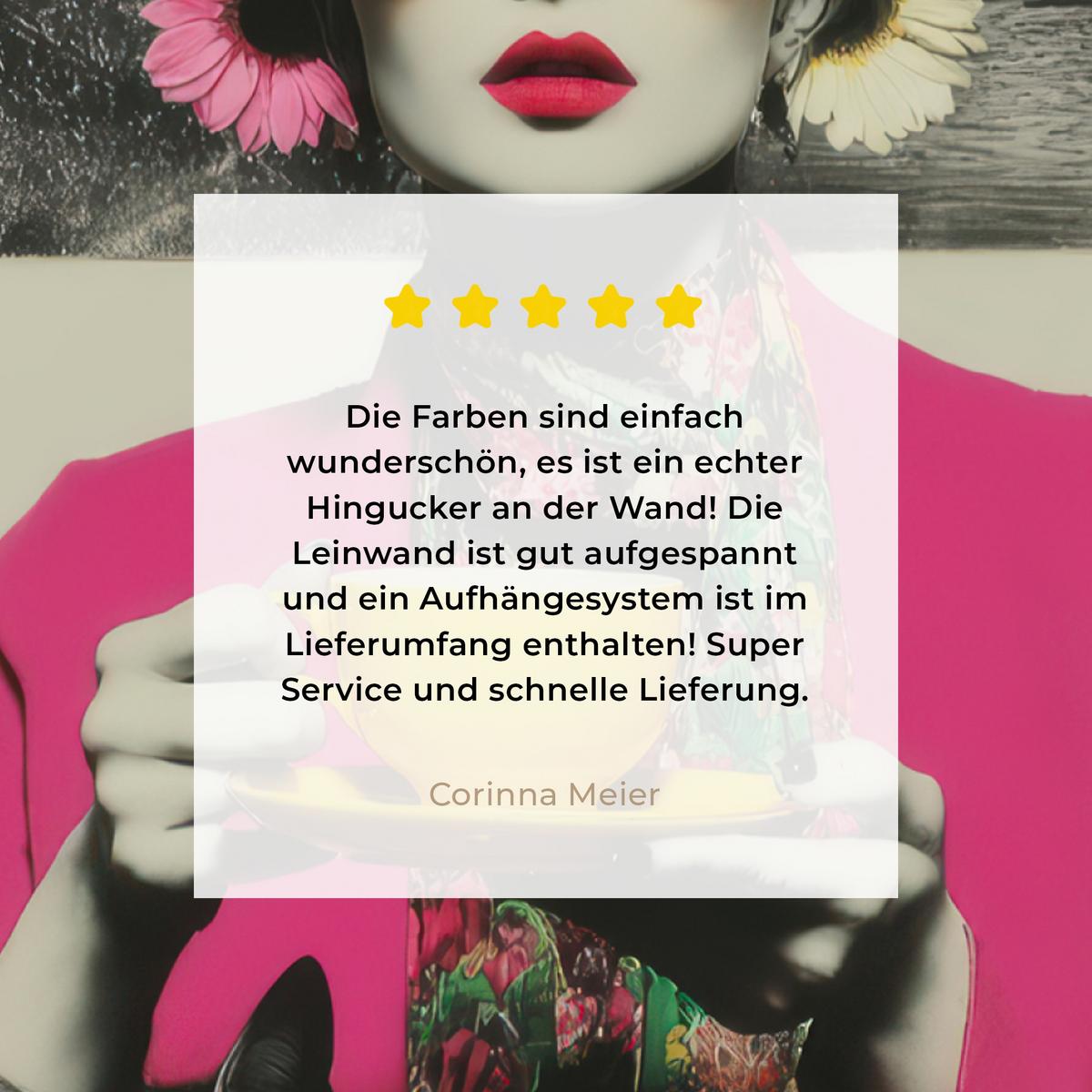 LEINWANDBILD Frau - Katze - Blumen - Tasse - Retro Deko Groß 90x90 cm - Magenta, Textil (90/90cm) - MuchoWow