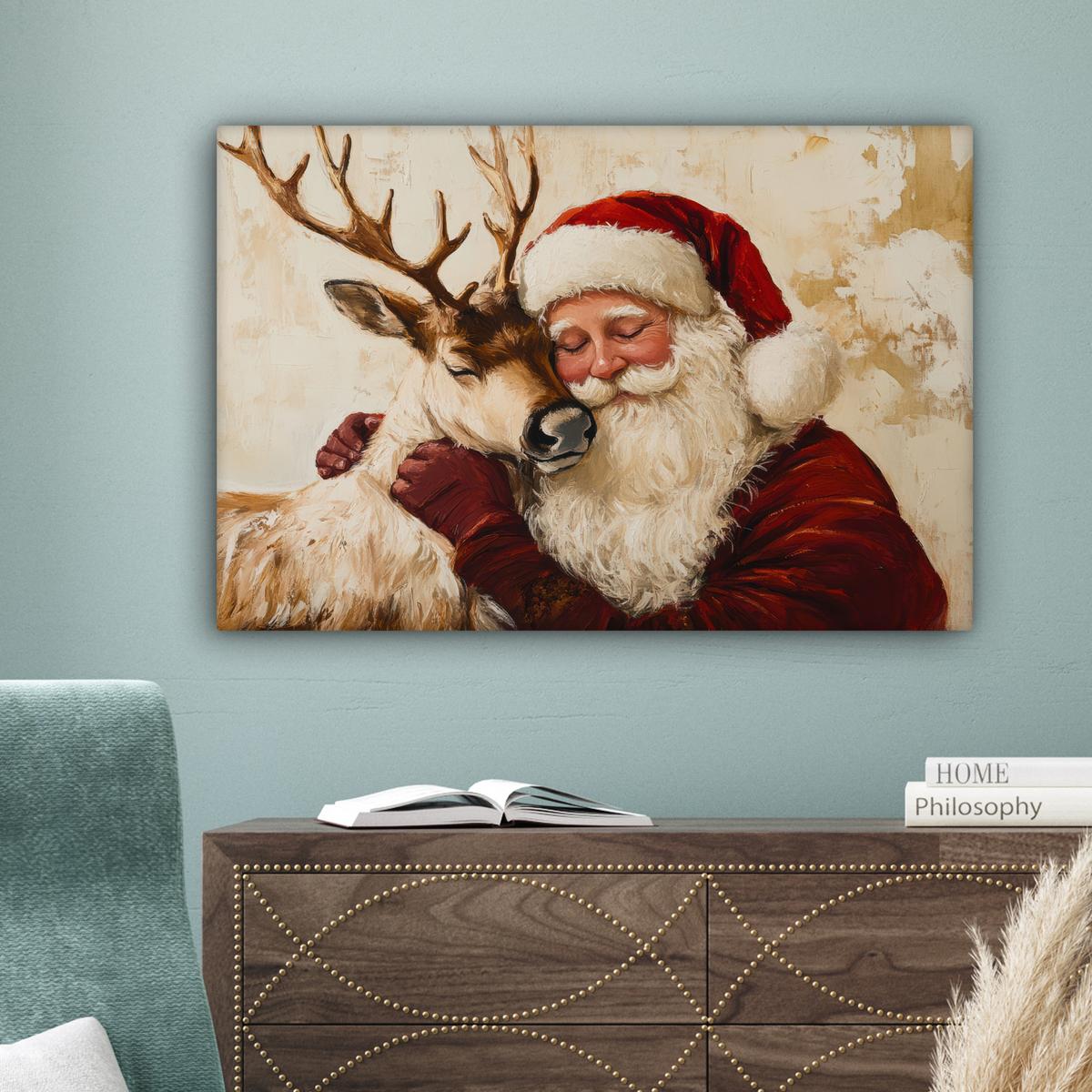 LEINWANDBILD Weihnachtsmann - Rentier - Weihnachten Gemälde 60x40 cm - Rotbraun, Textil (60/40cm) - MuchoWow