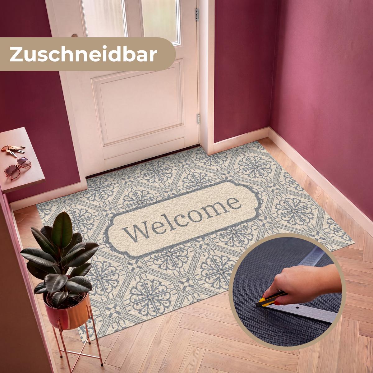 FUSSMATTE Willkommen - Klassisch - Grau Flurteppich 180x120 cm - Beige, Kunststoff (180/0.4cm) - MuchoWow