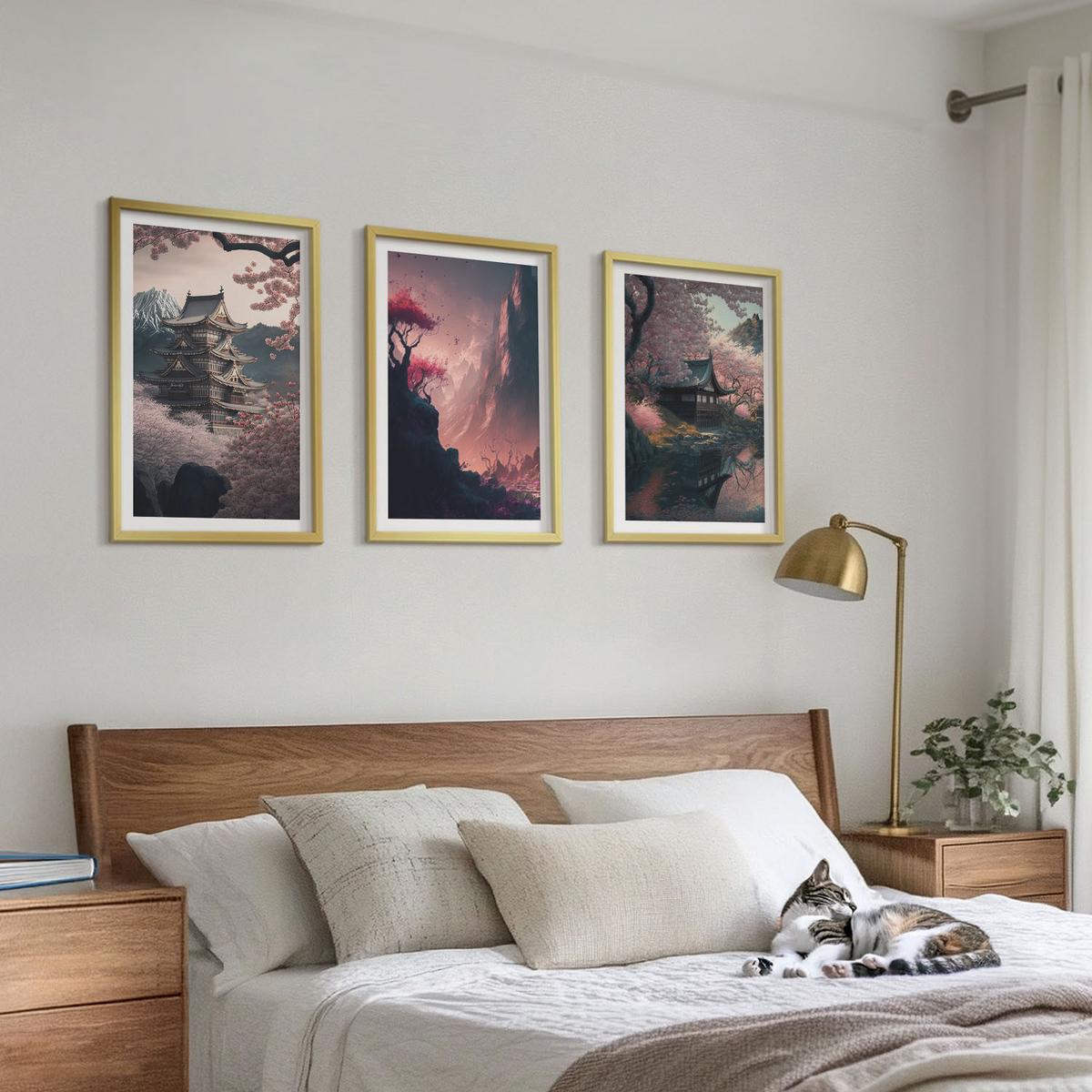 BILDER SET 3er Set - 40x60 cm Goldrahmen - Fantasielandschaften der japanischen Berge - Goldfarben, Kunststoff (40/60cm) - TULUP