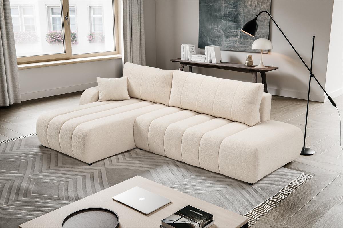 ECKSOFA GIOIA L-S Creme Boucle-Stoff mit Schlaffunktion - Creme, Holz (276/176cm) - MASSENO