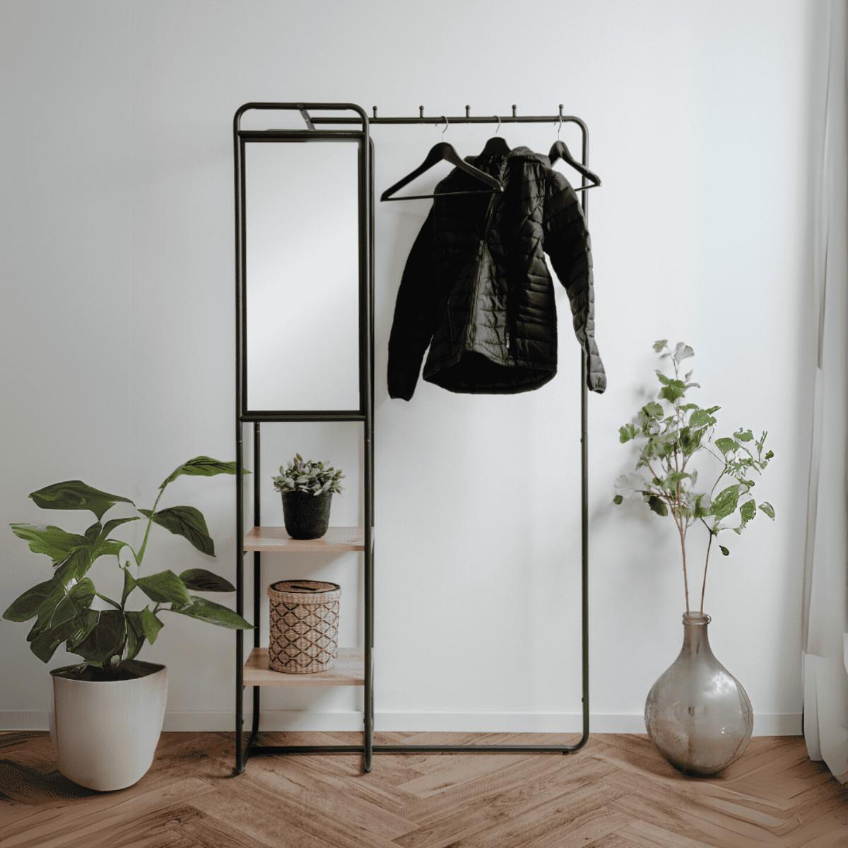 GARDEROBE aus lackiertem metall mit 6 haken, 2 regalen und 1 spiegel - luton 100/37/185 cm - Schwarz, Holzwerkstoff (37/185/43cm) - Calicosy