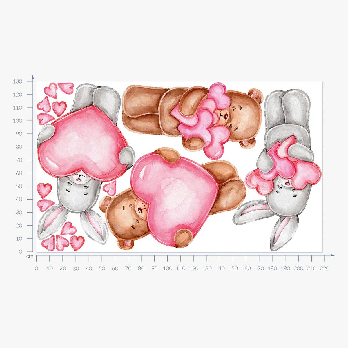 WANDAUFKLEBER 130x218cm - Niedliche Teddybären und Kaninchen - Multicolor, Kunststoff (130/218/0.1cm) - Wallfluent