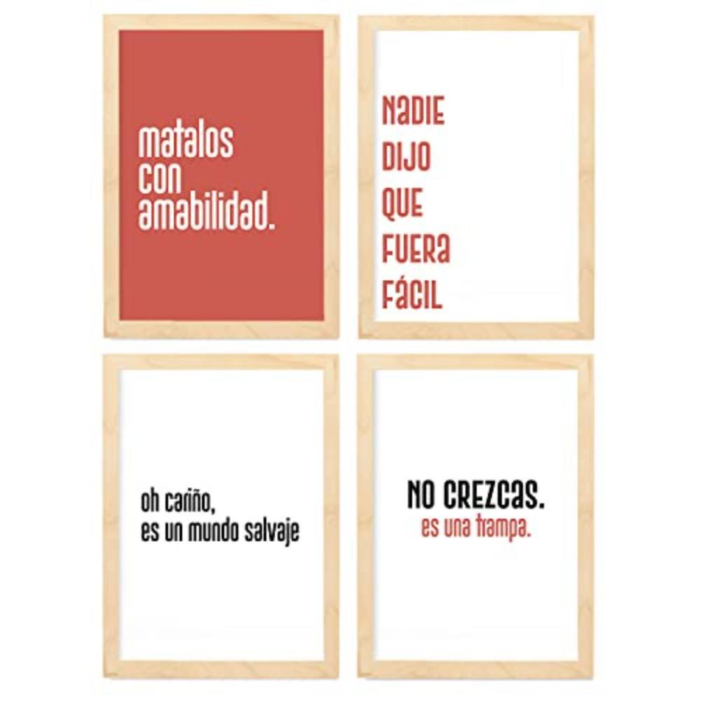 POSTER Set mit 4 Welt TypografieStil A3 Rahmen aus hellem Holz - Beige, Papier (29.7/3cm) - Nacnic