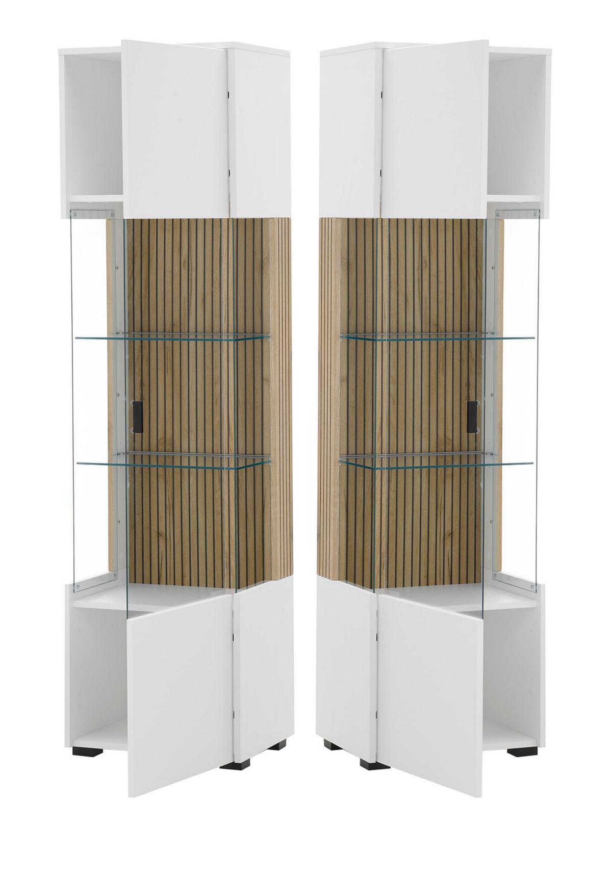VITRINE weiß matt, Eiche 48 x 180 cm, Glasvitrine mit 5 Fächern und Soft-Close - Eichefarben/Schwarz, Glas/Holzwerkstoff (48/180/38cm) - Furn.Design