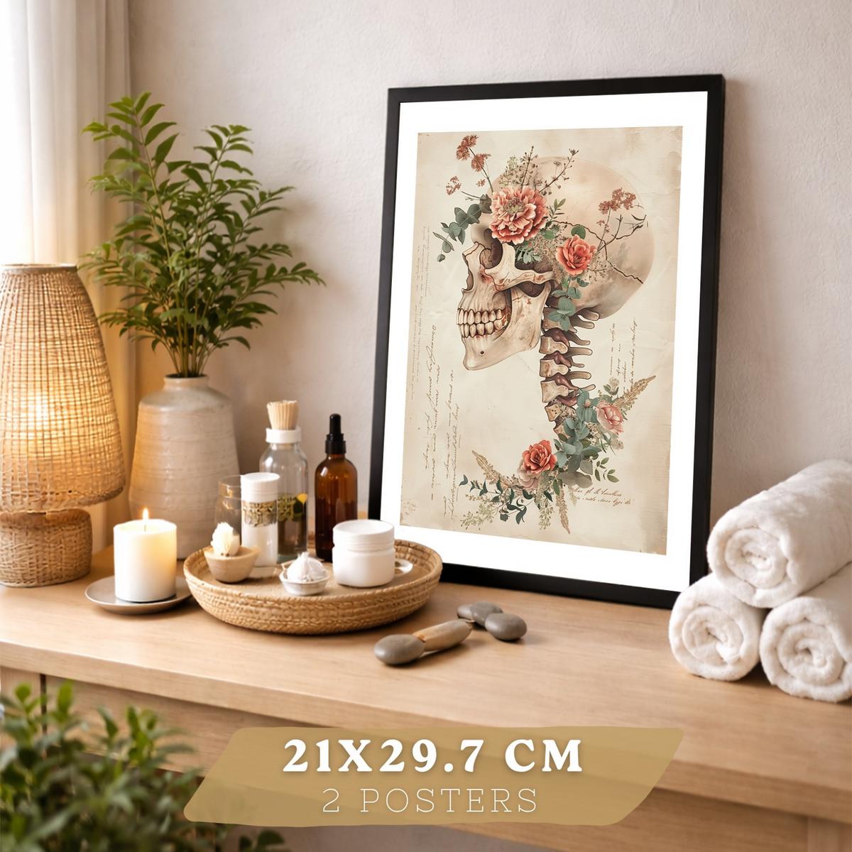 POSTER Set aus 2 Anatomie Mensch Drucke und Wandbilder mit Skelett Schädel Wirbelsäule Rippen Becken Klassischer Stil Größe Schwarzer Rahmen A4 - Schwarz, Papier (21/29.7/3cm) - Nacnic
