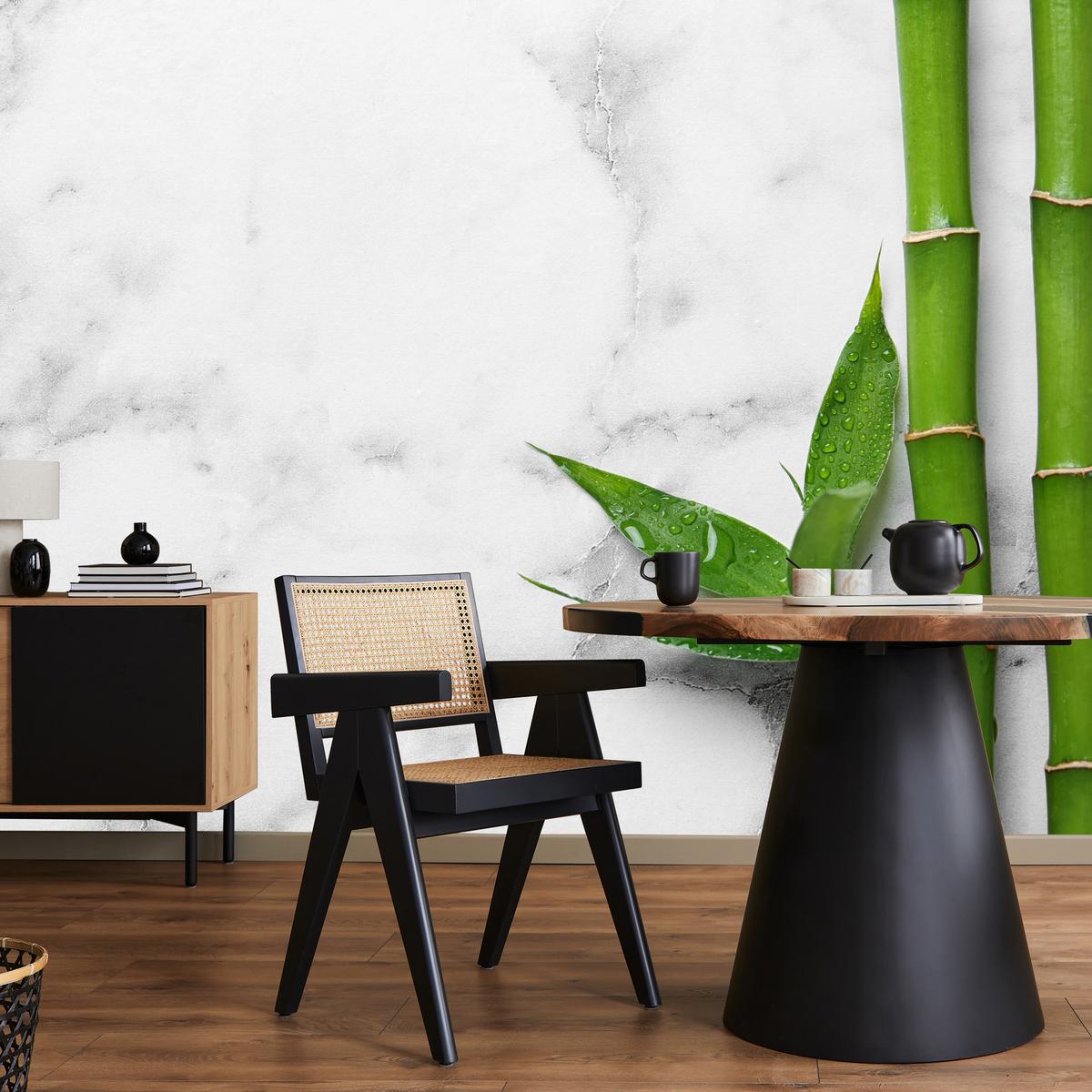 FOTOTAPETE für Küche Bambusblätter Grauer Marmor Exotisch Elegant 300x210 - Weiß/Grau, Papier (300/210cm) - Muralo