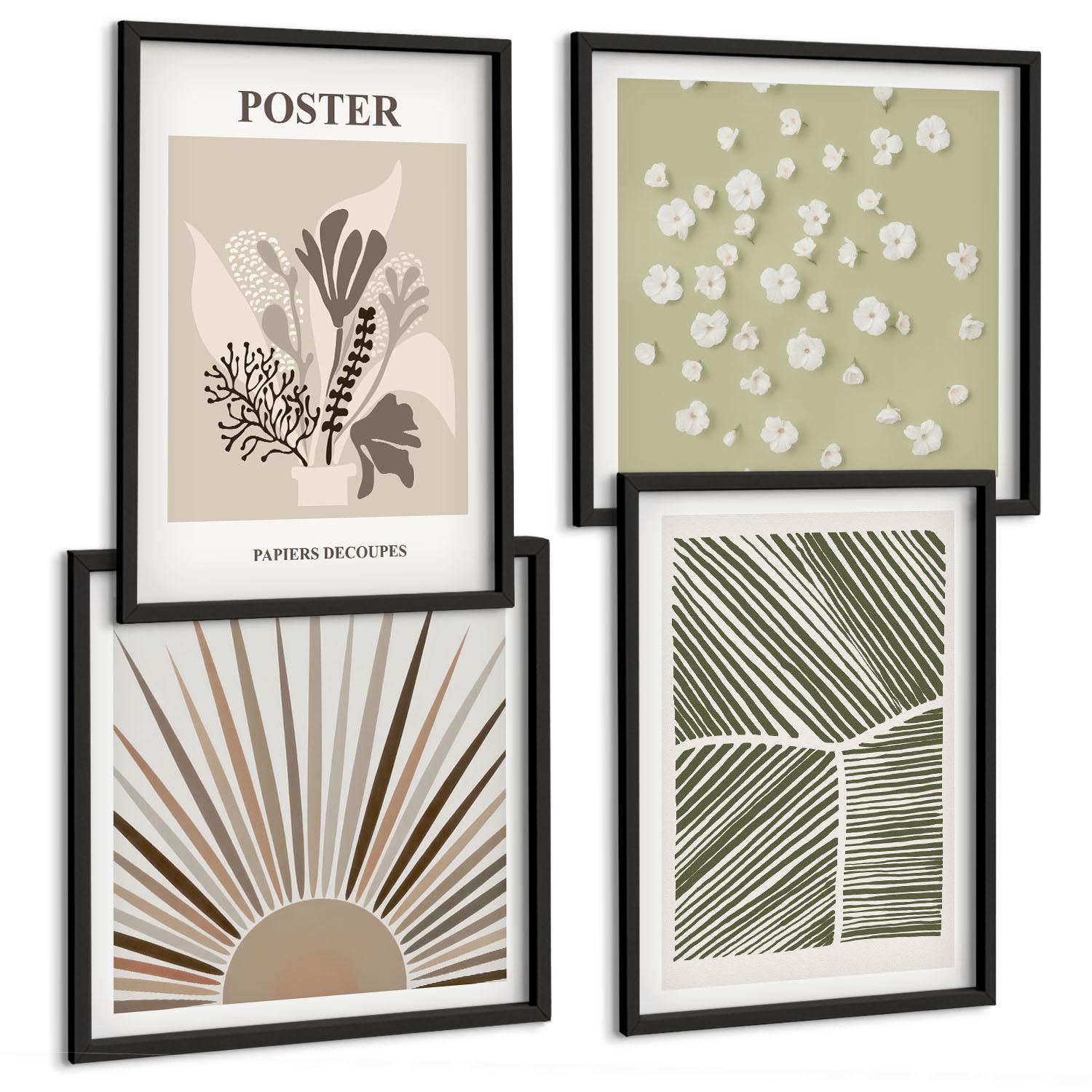 BILDER SET 4er Set - 50x50 cm & 40x60 cm Schwarzer Rahmen - Pflanzenmotive in gedeckten Farben - Schwarz, Kunststoff (50/50cm) - TULUP