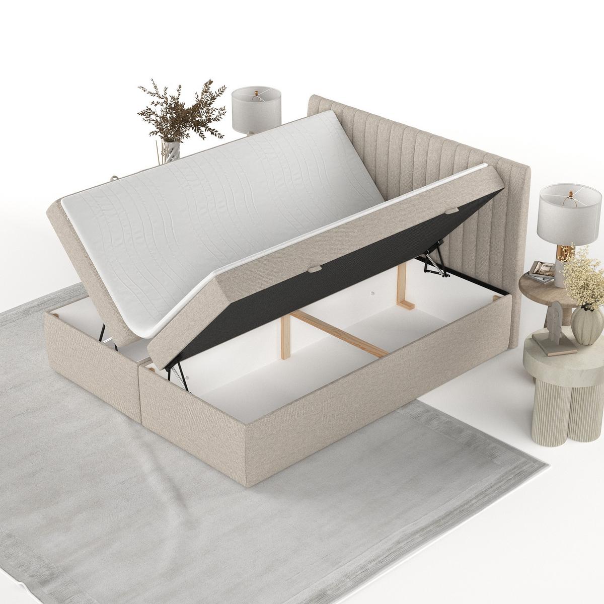 BOXBETT Maldon 140/200 cm Hellbeige im Megan Stoff - Sandfarben/Schwarz, Holz/Holzwerkstoff (140/200cm) - AltaBeds