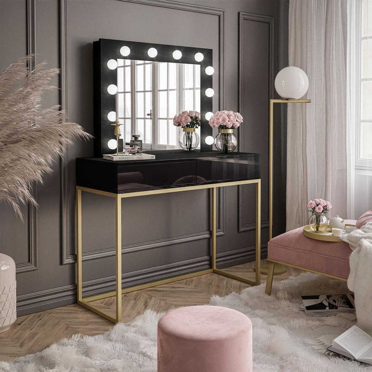 SCHMINKTISCH BLANCO GOLD mit Spiegel und Beleuchtung Schwarz PUSH OPEN - Goldfarben/Schwarz, Holzwerkstoff (100/146/42cm) - Lookway