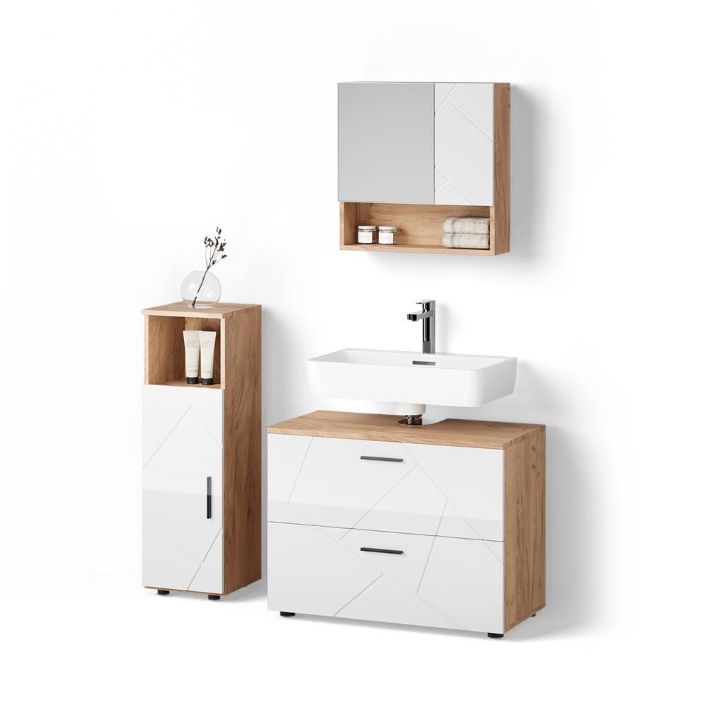 BADMÖBEL-SET Ronco Weiß Hochglanz/Goldkraft Eiche 3 Teile, mit Midischrank - Honigeiche/Weiß Hochglanz, Holzwerkstoff (54/55/41cm) - Livinity®