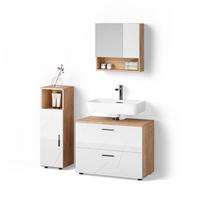 BADMÖBEL-SET Ronco Weiß Hochglanz/Goldkraft Eiche 3 Teile, mit Midischrank - Honigeiche/Weiß Hochglanz, Holzwerkstoff (54/55/41cm) - Livinity®