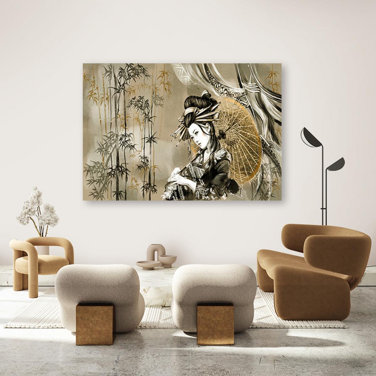 LEINWANDBILD Geisha und Bambus 100x70cm - Grün, Textil (100/70cm) - Feeby