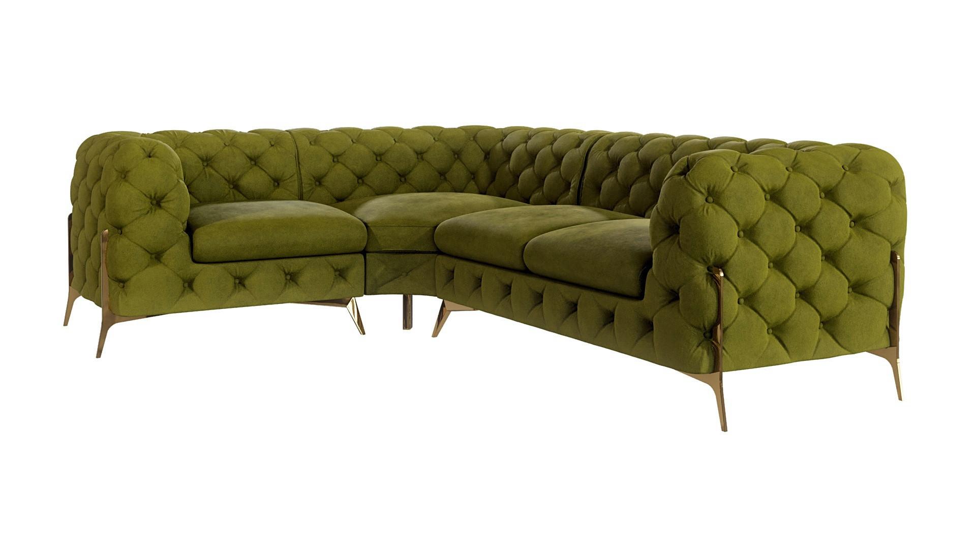 ECKSOFA Chesterfield Lexi Olive Samt, Ottomane links - Goldfarben/Olivgrün, Holz/Textil (264/204cm) - S-Style