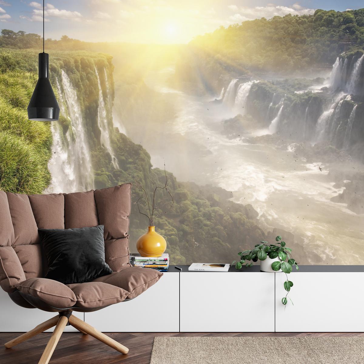 FOTOTAPETE für Wohnzimmer Wasserfall Sonnenaufgang Pflanzen 400x280 - Gelb/Beige, Papier (400/280cm) - Muralo