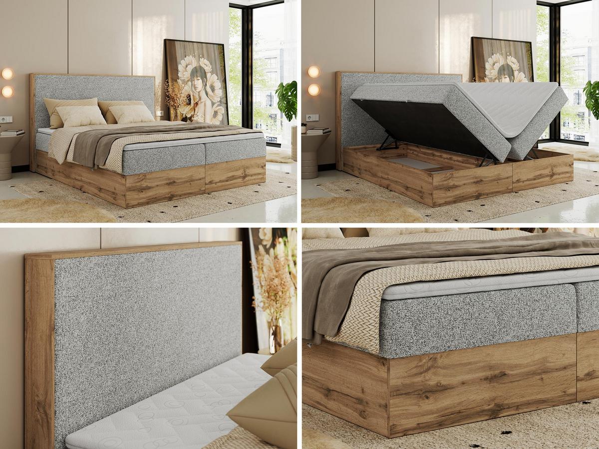 BOXBETT WOOD CLASSIC 160/200 - Hellgrau Strukture - H4 - Hellgrau, Textil (160/200cm) - MKS