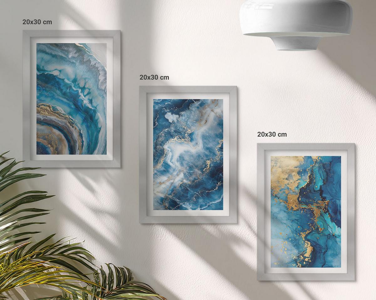 BILDER SET 3er Set - 20x30 cm Silberner Rahmen - Blaue abstrakte Muster - Silberfarben, Kunststoff (20/30cm) - TULUP