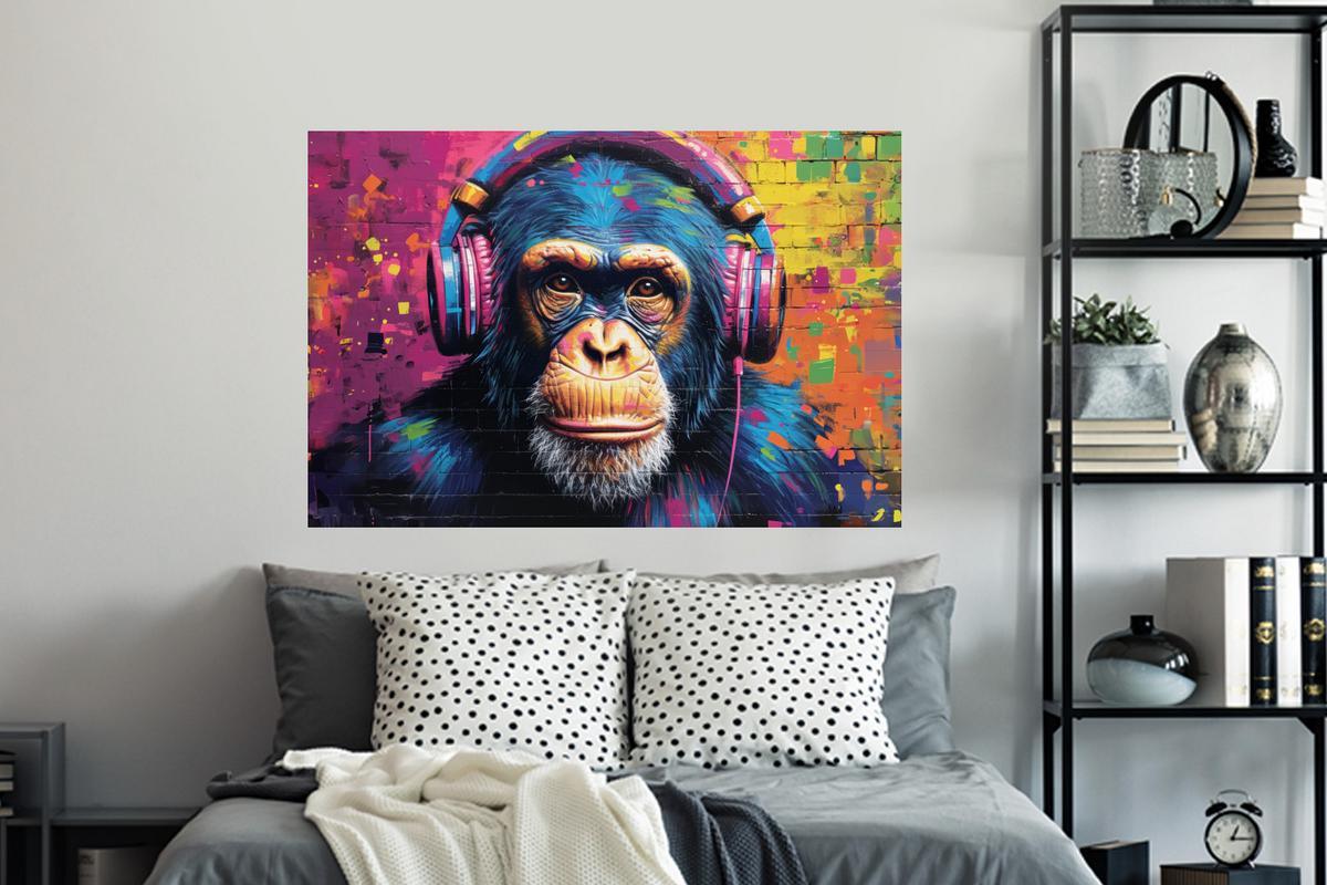 WANDTATTOO Graffiti - Schimpanse - Straßenkunst - Kopfhörer - Affe Wandsticker 120x80 cm - Blau, Kunststoff (120/80/0.1cm) - MuchoWow