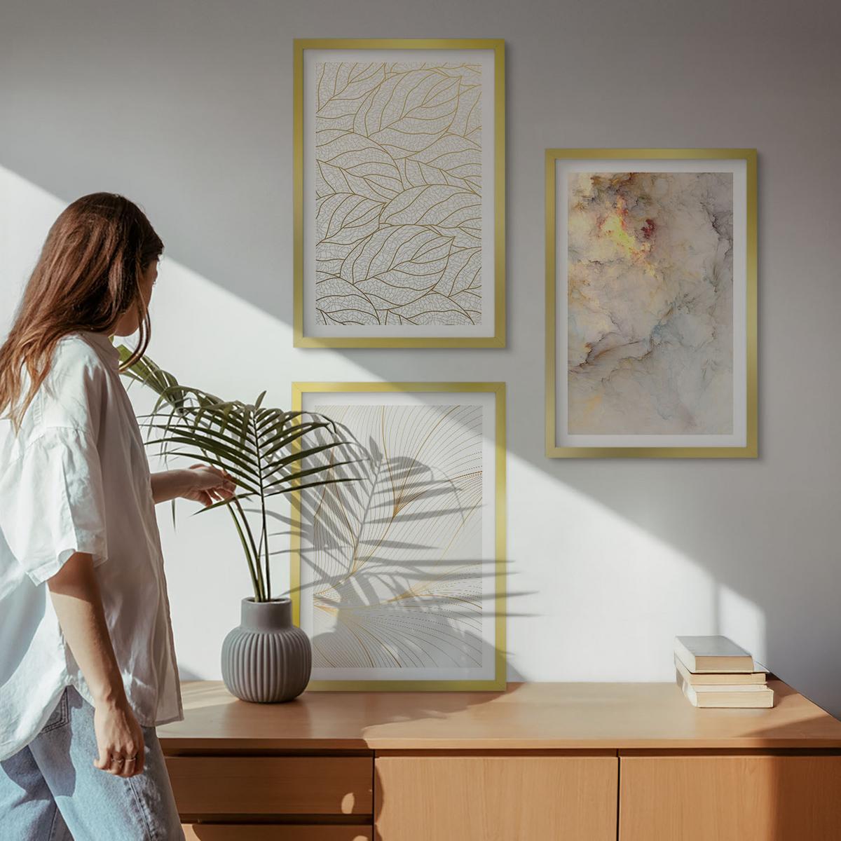 BILDER SET 3er Set - 40x60 cm Goldrahmen - Blättermuster Marmor abstrakt - Goldfarben, Kunststoff (40/60cm) - TULUP