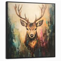 LEINWAND Bilder mit Rahmen - Hirsch - Gemalt - Geweih - Braun - 90x90 - Haselnussfarben, Textil (90/90cm) - MuchoWow
