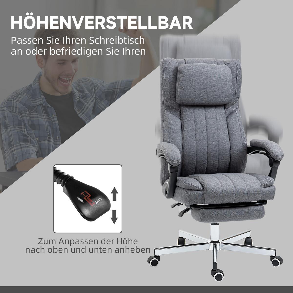 BÜROSTUHL mit Massagefunktion, Grau - Grau, Kunststoff (61/118/65cm) - Vinsetto