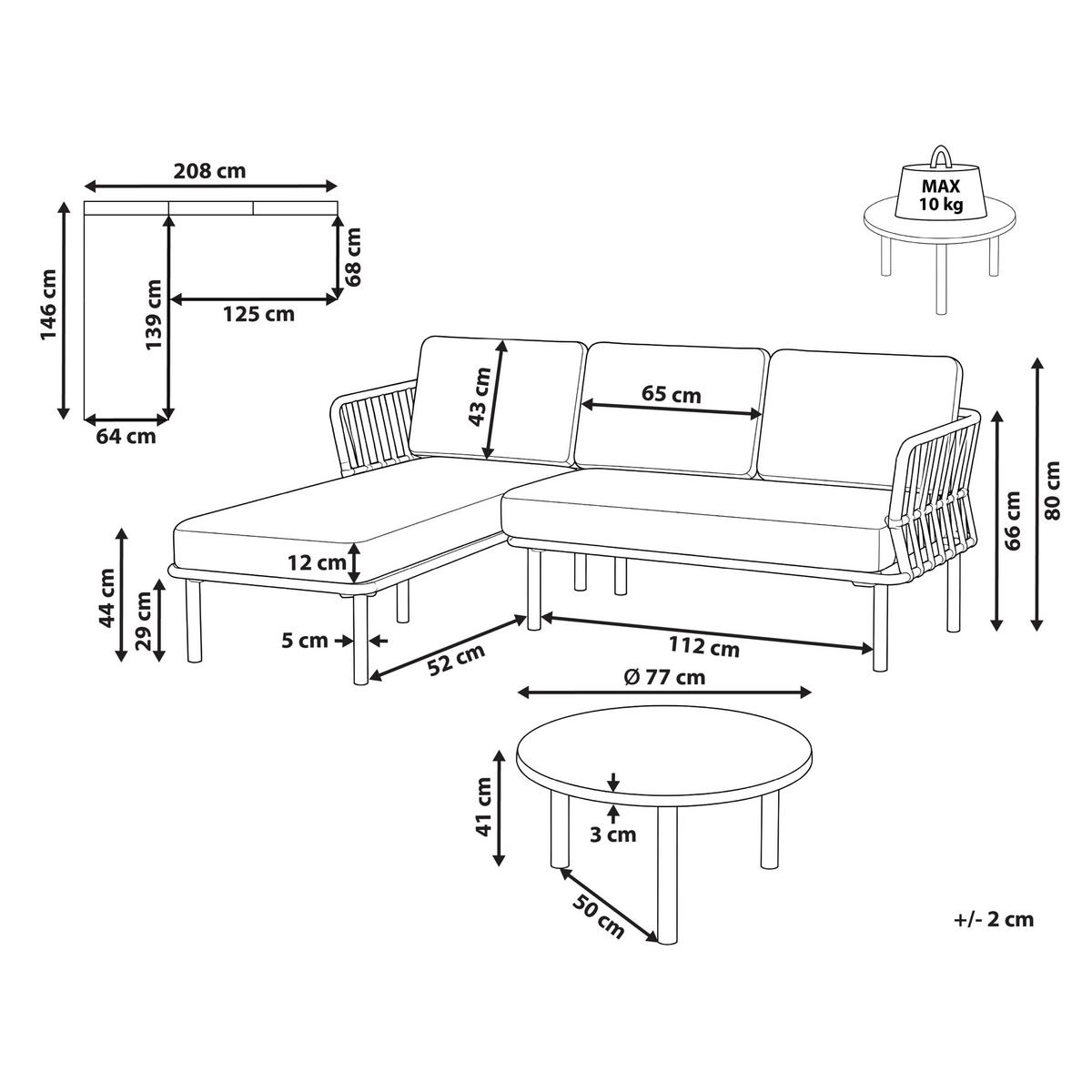 GARTEN Ecksofa mit Tisch 3-Sitzer Metall Beige rechtsseitig Orte - Beige, Metall - Beliani