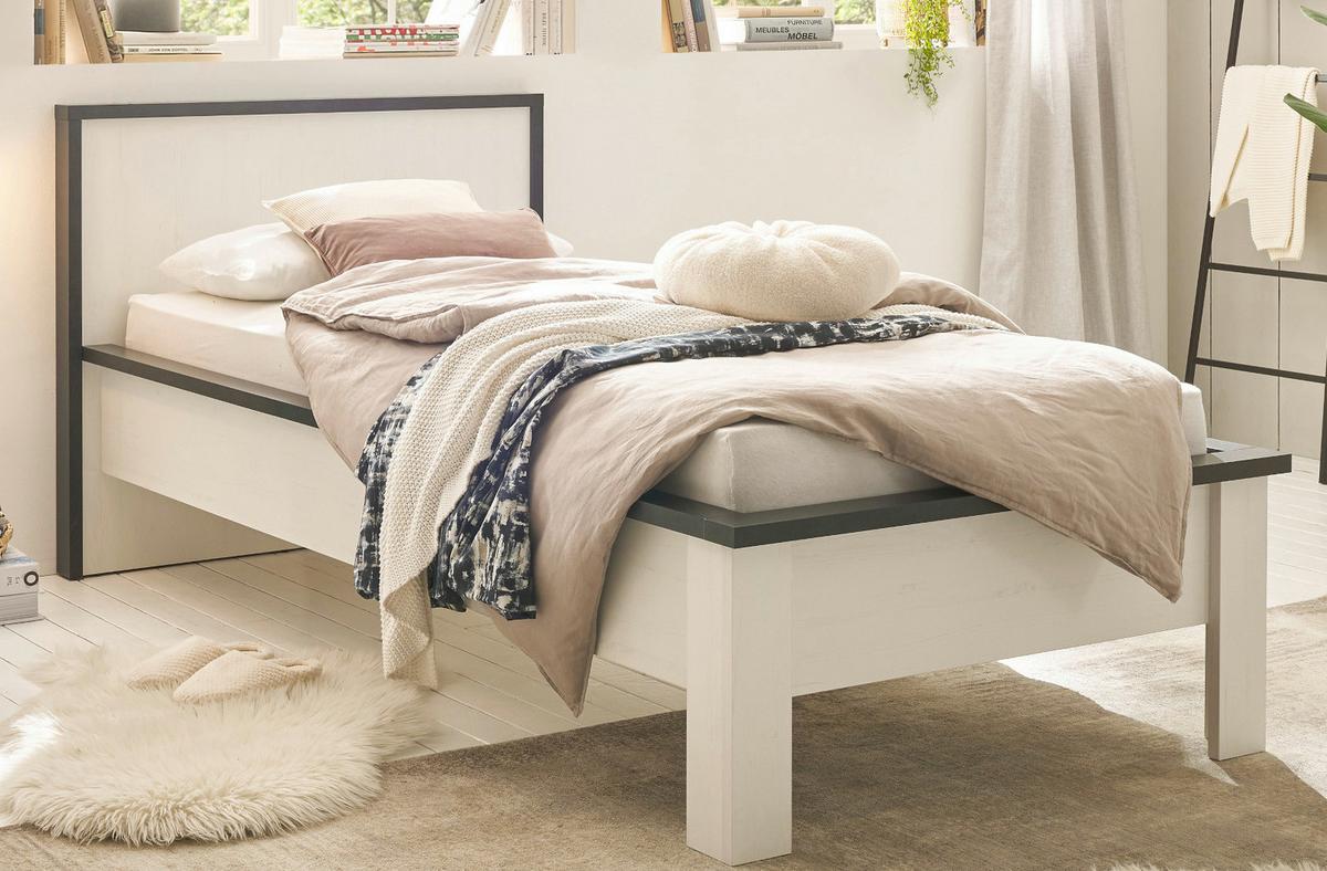 BETT weiß Pinie, anthrazit Landhaus, Einzelbett Liegefläche 90 x 200 cm - Anthrazit/Weiß, Holzwerkstoff (90/200cm) - Furn.Design