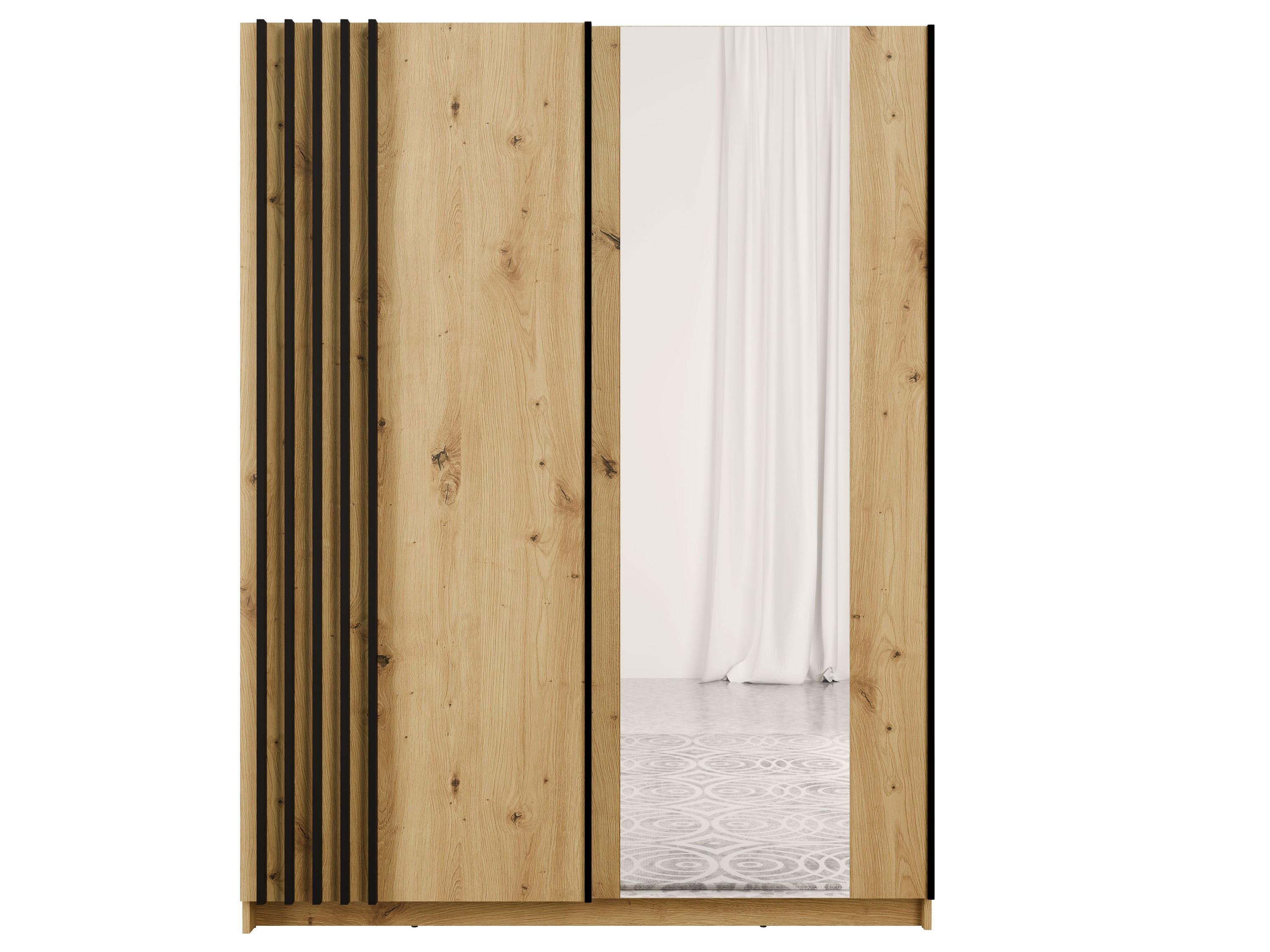 SCHWEBETÜRENSCHRANK RANOR 150,6/198,5/62cm 2-türig mit Spiegel Eiche Artisan - Schwarz/Eiche Artisan, Holzwerkstoff (150.6/198.5/62cm) - MASSENO
