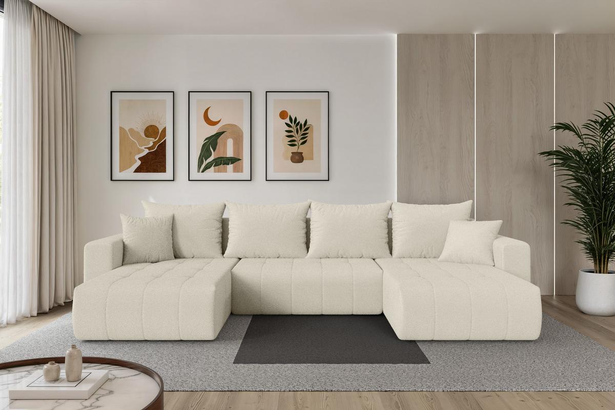 WOHNLANDSCHAFT mit Schlaffunktion und Bettkasten MILA-U 378x194x86 Beige Bouclé - Sandfarben/Beige, Holzwerkstoff/Kunststoff (378/86/194cm) - ALTDECOR