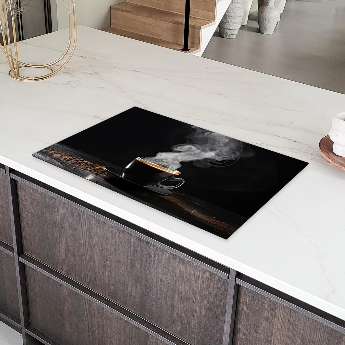 HERDABDECKPLATTE Kaffee - Schwarz - Bohnen - Heiß - Tasse Induktionsmatte 83x51 cm - Schwarz, Kunststoff (83/51.5/0.2cm) - MuchoWow