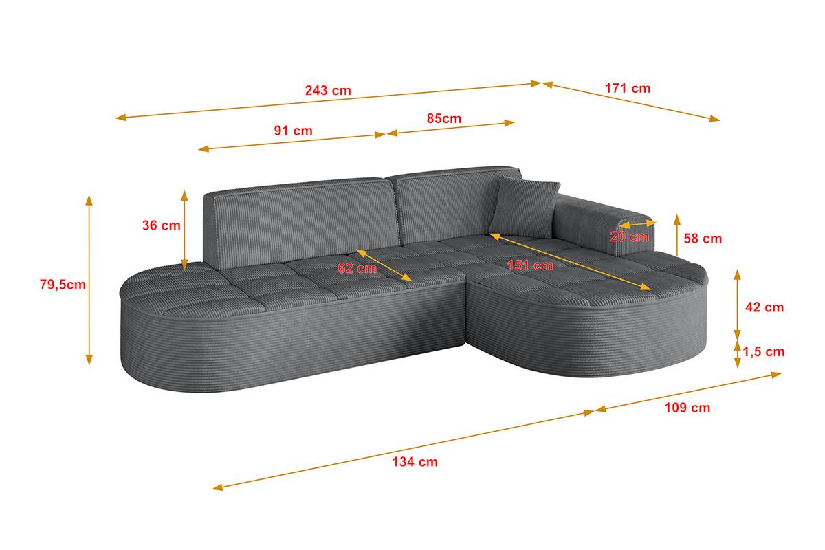 ECKSOFA Ottomane Rechts TARO-L1 - 243x171x79,5 cm Dunkelgrau - Dunkelgrau, Holzwerkstoff/Textil (243/171cm) - ALTDECOR
