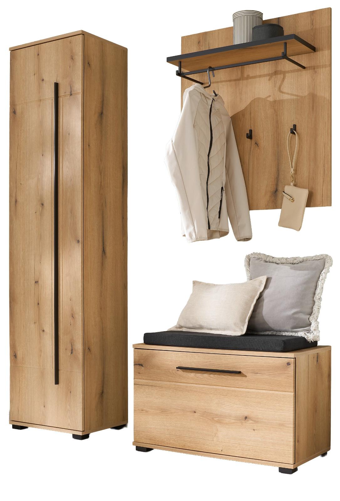GARDEROBEN-SET Evoke Eiche 4-teilig 140 cm, Flurgarderobe mit Soft-Close - Dunkelgrau/Eichefarben, Holzwerkstoff/Kunststoff (140/200/40cm) - Furn.Design