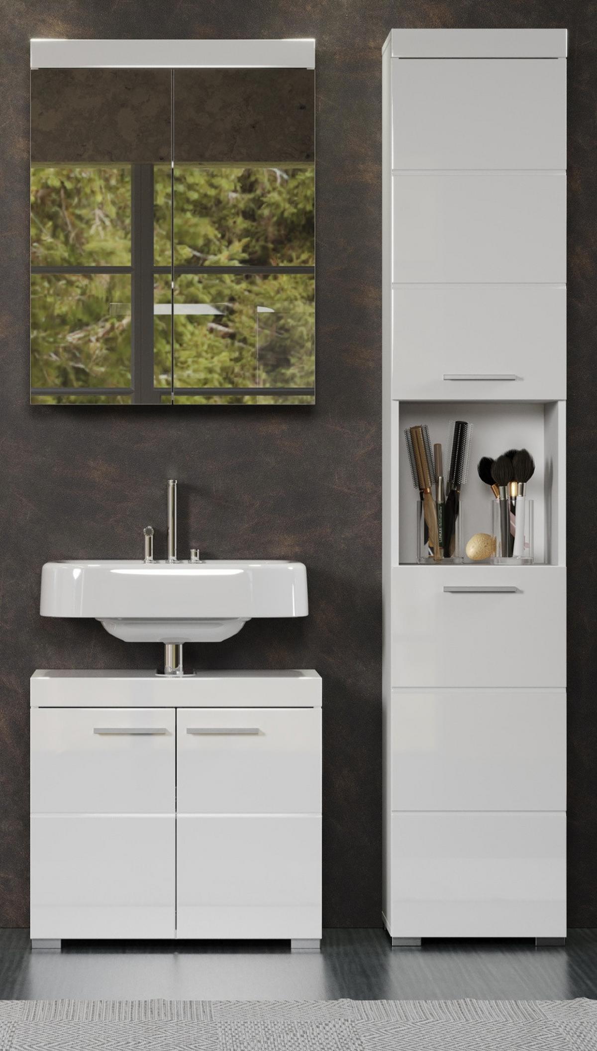 BADMÖBEL-SET weiß Hochglanz 3-teilig 112 x 190 cm, Badkombination mit viel Stauraum - Weiß, Glas/Holzwerkstoff (112/190/34cm) - Top.Furn