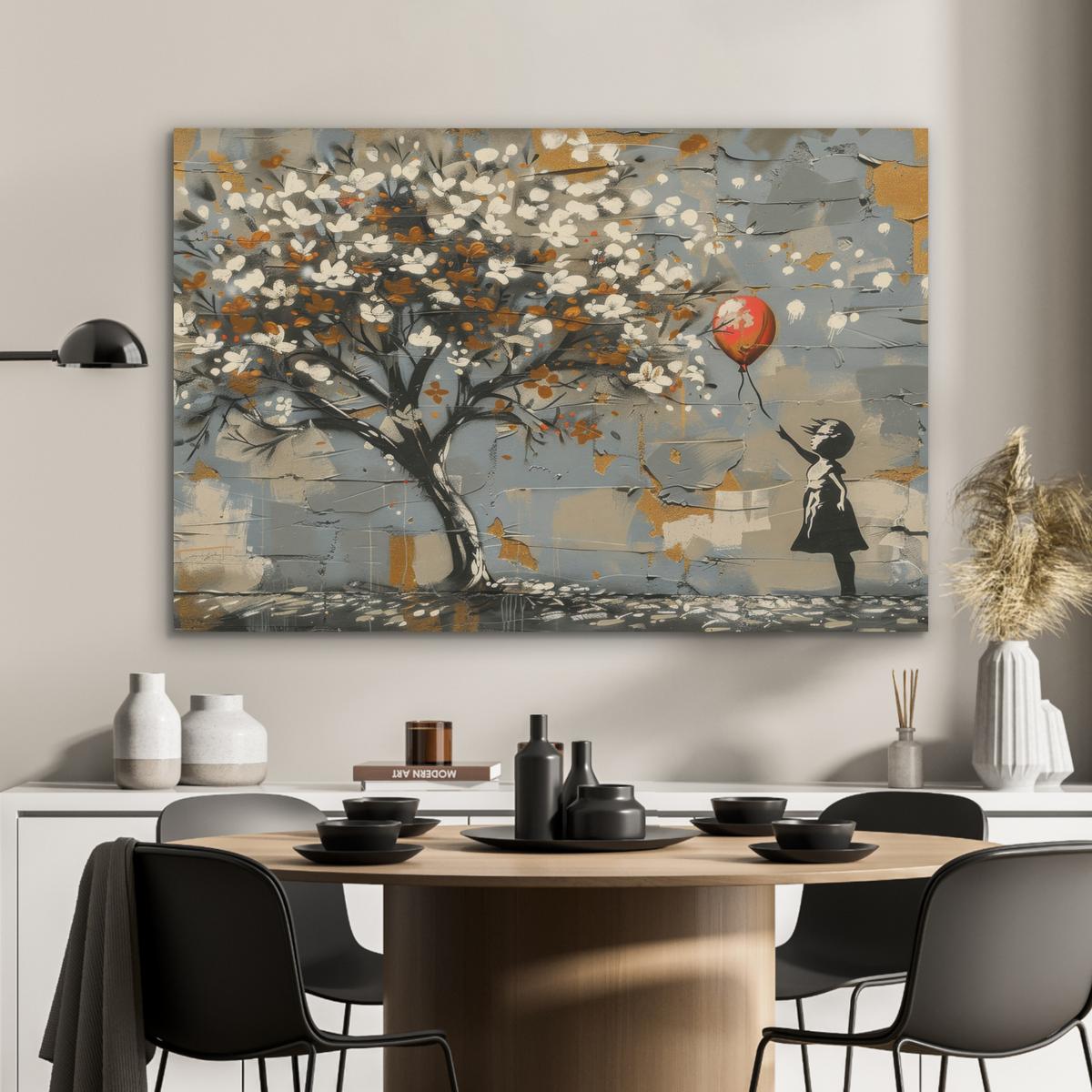 AKUSTIKBILD Baum - Graffiti - Banksy-Stil - Ballon-Mädchen Wandbild Wohnzimmer 100x70 cm - Blaugrau, Kunststoff (100/70/0.9cm) - MuchoWow
