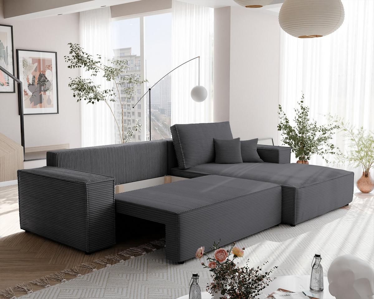 ECKSOFA NOVA Rechts mit Schlaffunktion und Bettkasten Dunkelgrau - Dunkelgrau, Kunststoff/Textil (294/185cm) - Idohome