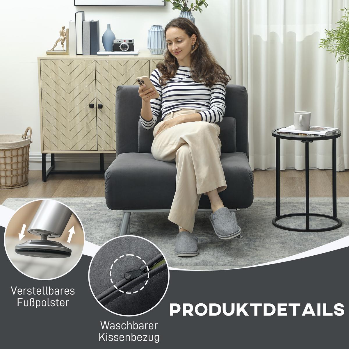 KLAPPBAR Schlafsessel Schlafsofa Klappmatratze Bett Gästebett Dunkelgrau - Dunkelgrau/Silberfarben, Textil/Metall (70/75/75cm) - HOMCOM