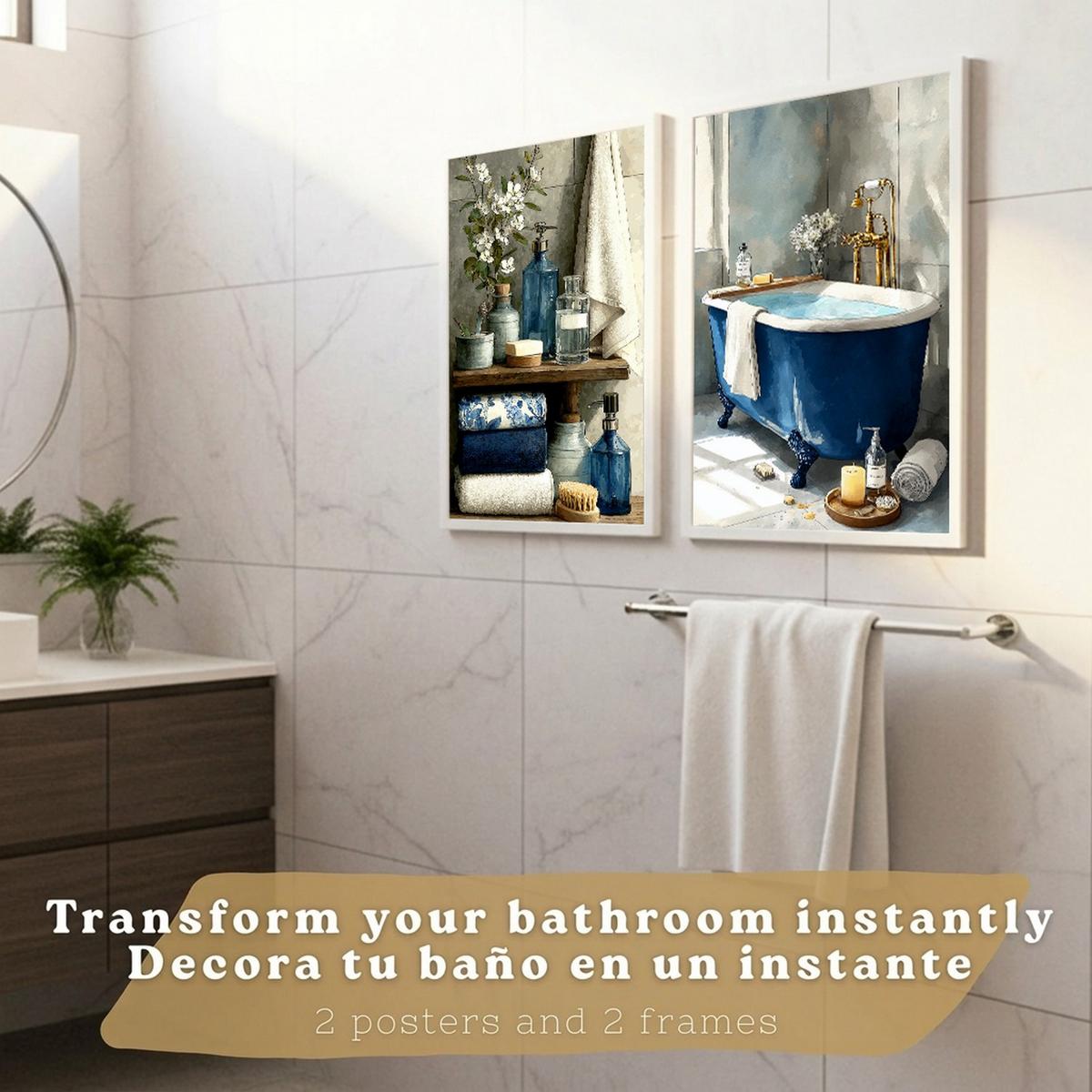 POSTER 2er-Set dekorative Badezimmer-Poster, moderne Wandbilder für Waschbecken, elegante Dekoration mit blauer Badewanne Weißer Rahmen A4 - Weiß, Papier (29.7/21/3cm) - Nacnic
