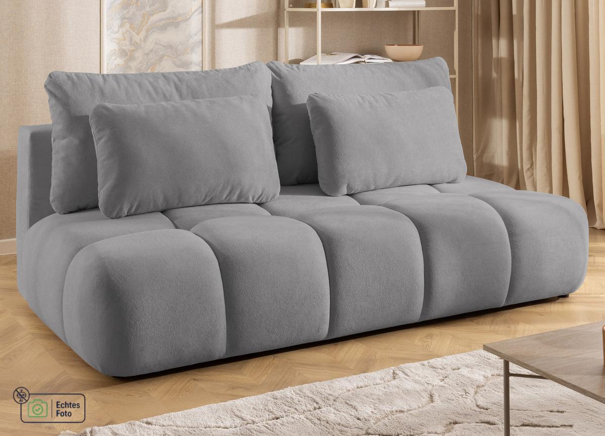 SCHLAFSOFA Belluno aus hochwertigem Grau Plüschstoff mit Bettkasten und tiefen Steppungen in Bubble-Optik - Schwarz/Grau, Holz/Kunststoff (205/87/105cm) - S-Style