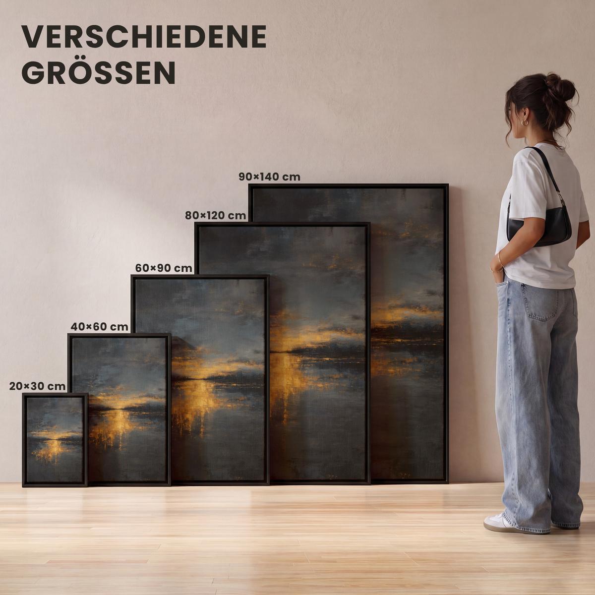 LEINWAND Bilder mit Rahmen - Goldene Reflexion auf dem Wasser - 90x140 - Anthrazit, Textil (90/140cm) - MuchoWow